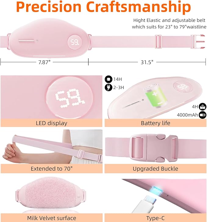 Portable Heating Pads for Period Cramps Simulator, Cordless Menstrual Heating Pad with 9 Heat Levels and 9 Massager Modes for Back Pain, Fast Heating Belt for Waist Relief,Gifts for Women Girls, Pink