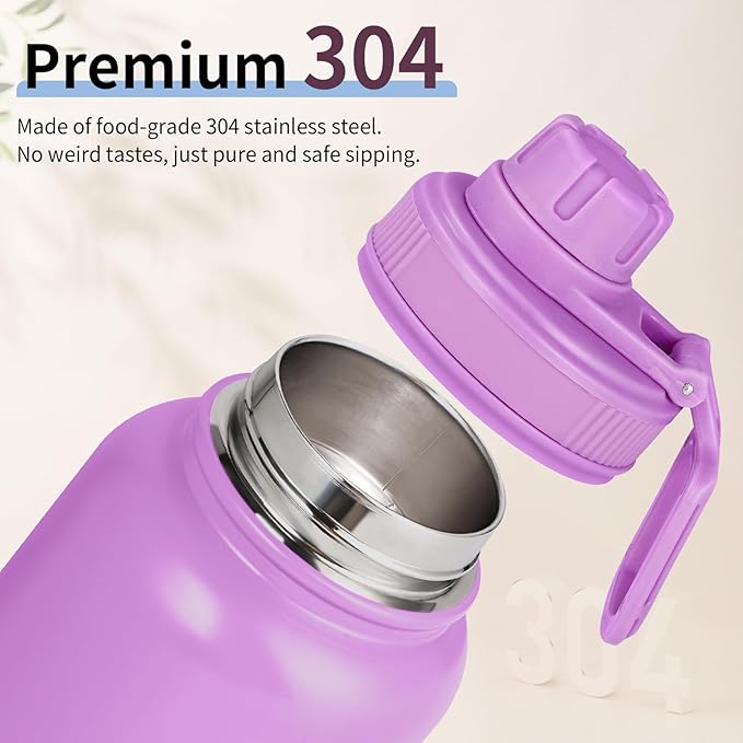 Motivational Water Bottle 32oz with Time Marker- Leakproof & BPA Free Sports Water Bottle with Straw & Carry Strap for Gym, Travel and Outdoor Sports (Stainless steel insulation-Purple)
