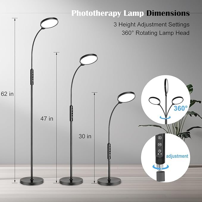 Light Therapy Lamp 11000 Lux, 3 in 1 UV-Free LED Sunlight Lamp with 9 Brightness Levels & 7 Color Temperatures, Height Adjustable Floor Light, Full Spectrum Happy Therapy lamp for Home Office Bedroom