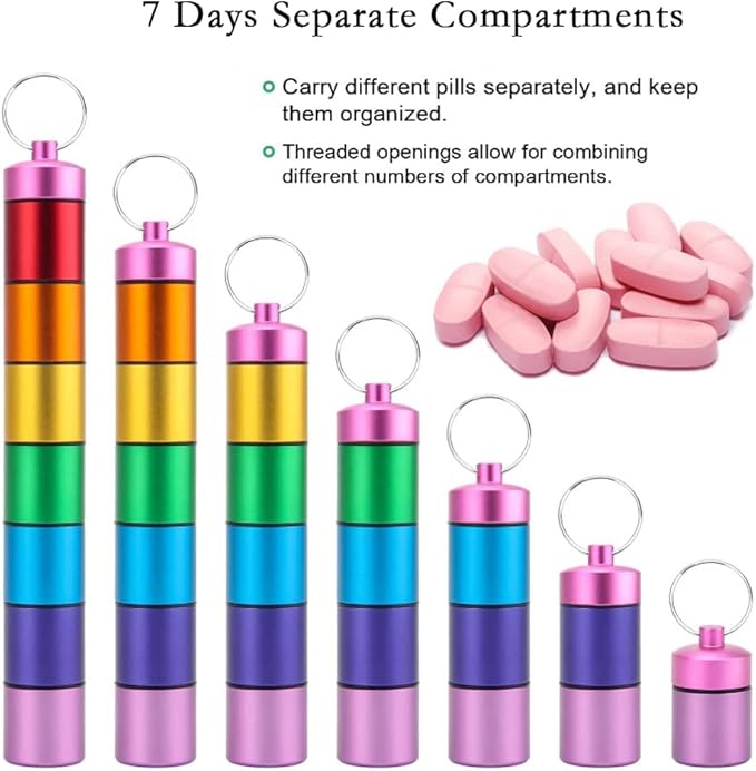 7 Days Rainbow Colour Aluminum Bottle with Carabiner ，Stackable Metal Container，Waterproof Travel Cute Holder (1 Rainbow Container and 1 Black Container)
