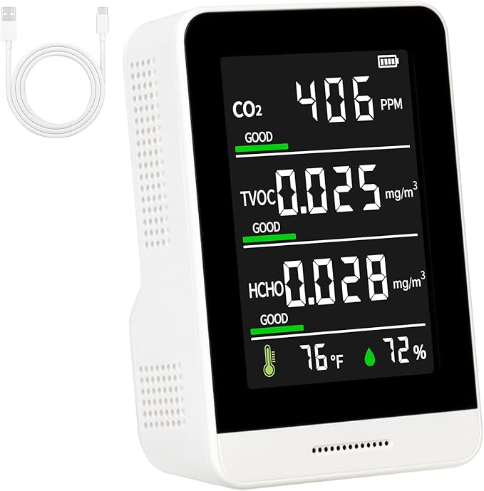 5-in-1 Air Quality Monitor Indoor for CO2/HCHO/TVOC/Temp/Hum, Portable Real-time Detector, LCD Display, Suitable for Baby Room, Living Room, Office, Kitchen, Warehouse