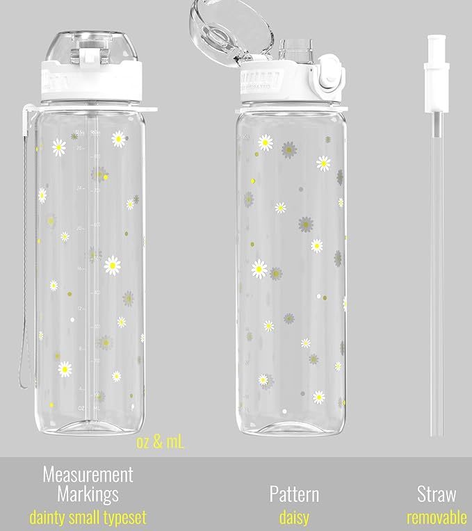 32oz/1L Sport Water Bottle, Light Tritan, Quick-Open Chug Lid/Straw 2-in-1, Leak-Proof, Dishwasher-Safe, BPA-Free, Drop-Resist & Scratch-Resist for Travel/Gym/Office (Daisy)