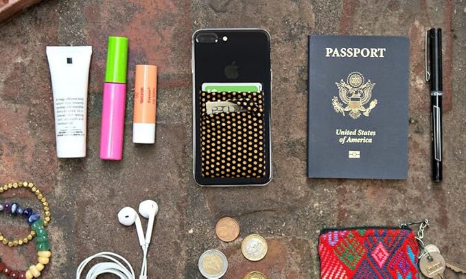 RFID Blocking Phone Card Wallet Stretchy Lycra Wallet Pocket Credit Card ID Case Pouch Sleeve Adhesive Sticker Compatible with iPhone Android Smartphones (Polka Dot Yellow)-2PC