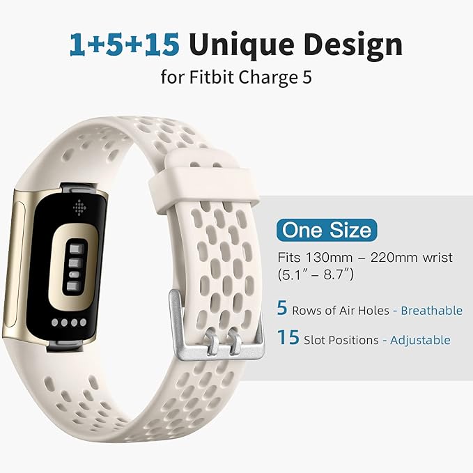 Replacement Bands Compatible with Fitbit Charge 5/ Charge 6 for Women Men, Soft Breathable Waterproof Sport Adjustable Wristbands for Fitbit Charge 5/ Charge 6 Advanced Fitness Tracker, Lunar White