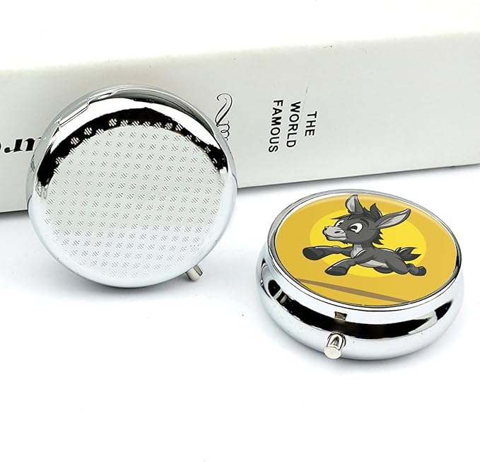 Cartoon Donkey Image Pill Box Travel Pill Case for Purse Pocket Weekly Medicine Organizer with Mirror 3 Compartment Round Medicine Case Portable PillcaseHolder for Daily
