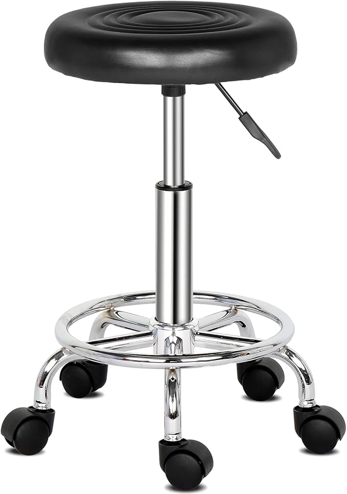 Round Rolling Bar Stool PU Leather with Wheels and Foot Rest, Height Adjustable Task Work Drafting Chair with Back for Salon Spa Tattoo Facial Medical Office Chairs (Black)