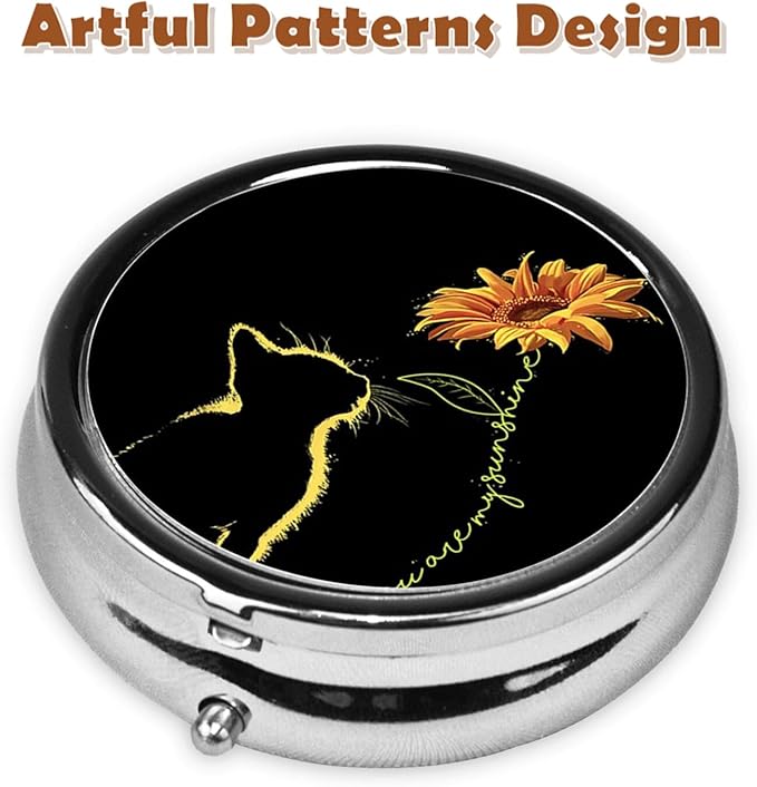 Metal Pill Organizer - 3-Compartment Mini Round Pill Case for Pocket & Purse, Portable Vitamin Holder, Easy-Open Design for Travel - Sunflowers and Cats