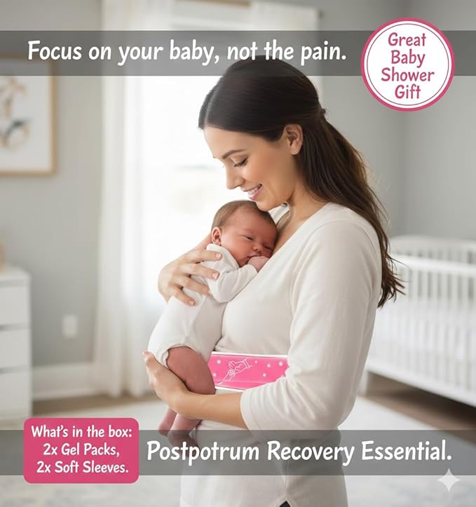 Postpartum Ice Pack, Hot and Cold Pads for After Delivery Essentials, Gel Cooling Pad, Fast Pain Relief Convenient for Perineal Recovery Helps Reduce Swelling (Pink, Hand Pattern)