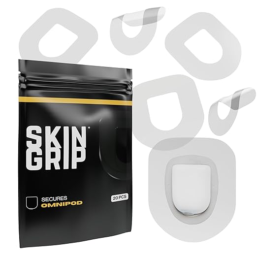 Skin Grip CGM Patches for Insulet Omnipod (20-Pack), Waterproof & Sweatproof for 10-14 Days, Pre-Cut Adhesive Tape, Continuous Glucose Monitor Protection (Clear)