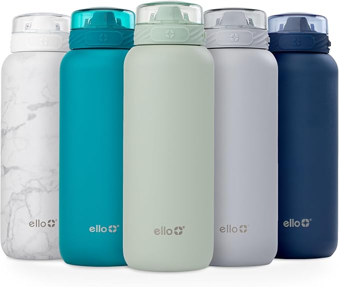 Ello Cooper 40oz Stainless Steel Water Bottle with Straw and Carry Handle, Double Walled and Vacuum Insulated Metal, Leak Proof Locking Lid with Soft Silicone Spout, Reusable, BPA Free, Sage