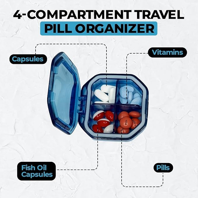 Travel Pill Organizer - Durable, Watertight Pill Case Travel Size with 4 Compartments - Compact Pill Travel Case for Vitamins, Supplements, Medicine - Travel Pill Container for Purse (Blue)