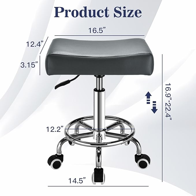 Square Salon Rolling Stool - 300lbs Weight Capacity，Adjustable Swivel Stool with Wheel，Pu Leahter Comfortable Cutting Stools for Salon Tattoo Stylist Massage Perfect for Work SPA (Grey)