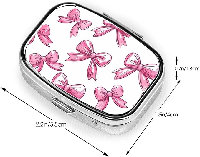 Funny Bow Pill Box with Mirror 2 Compartment Metal Square Small Pill Case for Purse or Pocket Portable Pill Container Holder Travel Medicine Organizer for Vitamin Fish Oil Supplement