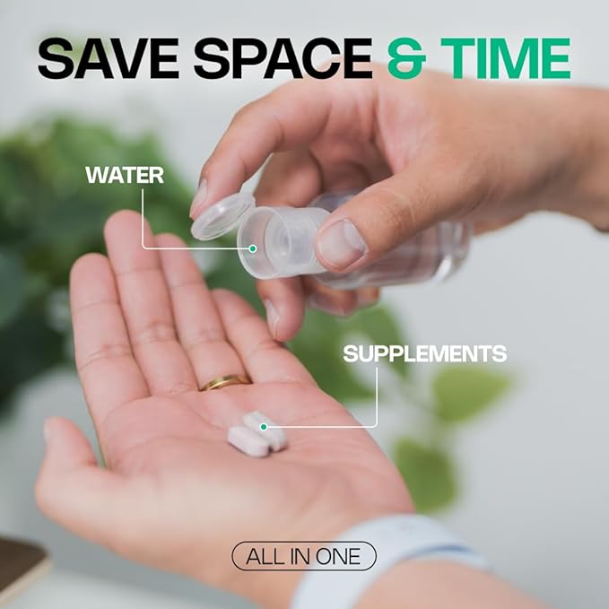Water Bottle with Pill Container - 12 pcs 2oz Small Bottles for Travel, Compact Medicine Bottles Organizer, Travel Pill Bottle Organizer for Vitamins, Pills, and More by Vitago