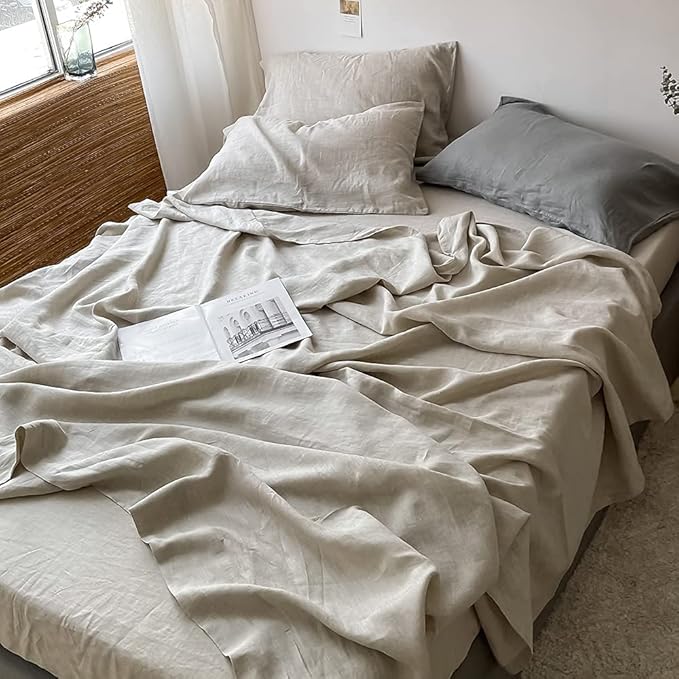 Simple&Opulence Washed Linen Bed Sheet Set Basic Style 4 Pieces (1 Flat Sheet & 1 Fitted Sheet & 2 Pillowcases) 100% Natural Linen Soft Breathable Farmhouse Bedding (Queen, Linen)