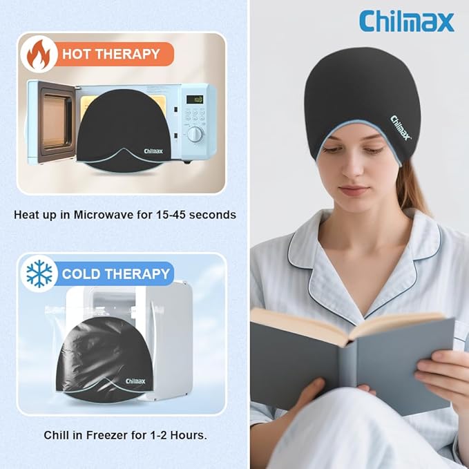 Migraine Relief Cap,Full Head Ice Hat Hot & Cold Gel Compress Pack with Face and Eye Mask,Headache Ice Pack Head Wrap for Hangover, Fever, Puffy Eyes,Tension, Sinus, Stress Relief (Black)