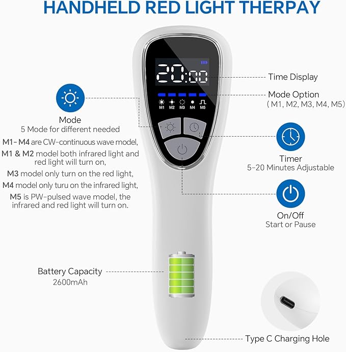Red Light Therapy Device for Body Pain ReIief with Stand, 6x808nm+12x650nm Handheld Near Infrared Light Therapy with PW Pulsed Wave Model for Human Body Joint Back Knee Muscle