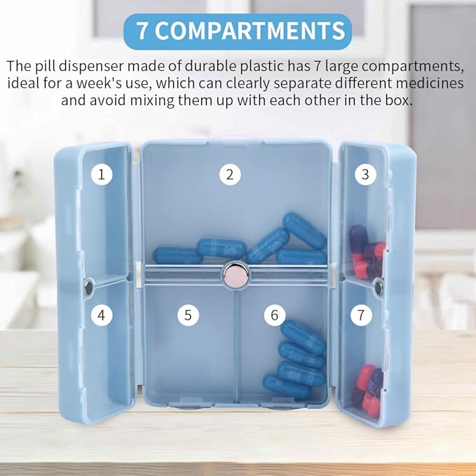 Xiaokeis 2 Pcs Pill Organizer, Travel Pill Organizer, Pocket Pharmacy with 7 Compartments Design, Magnetic Travel Pill Box Pill Dispenser, Portable Medicine Vitamin Holder Container(Blue+Green)