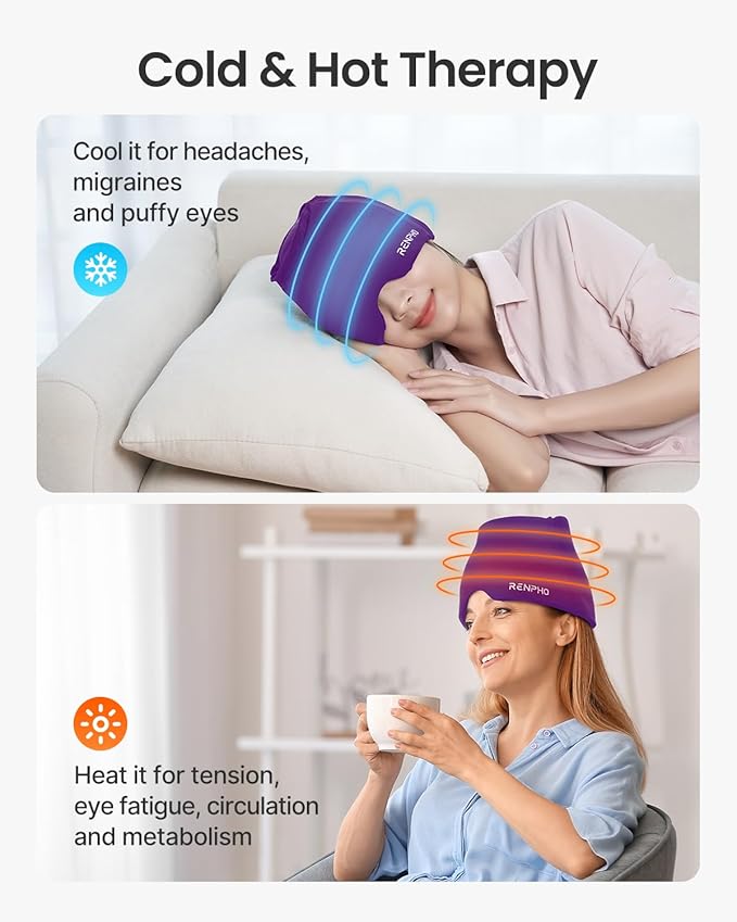 RENPHO Migraine Relief Cap, FSA Eligible HSA Headache Relief Cap, Ice Head Wrap with Hot or Cold Therapy, Hangover Relief Products, Anxiety Relief Items, Ice Face Mask, Gifts for Women Men