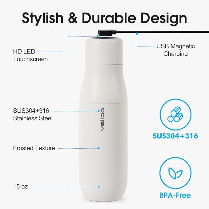 VSITOO 14.8oz Mini Smart Self-Cleaning Water Bottle，Small Insulated Stainless Steel Thermoses with AI Self-Clean, 30-Day Battery & Magnetic Charging for Travel, Gym, Office or Purse, White