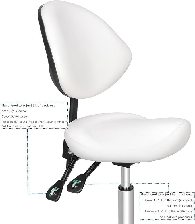 Kaleurrier Ergonomic Rolling Swivel Saddle Stool with Wheels - Hydraulic Lifting Height Adjustable Saddle Chair for Clinic Hair Salon Lab Kitchen Office Drafting Chairs (White, with Back)