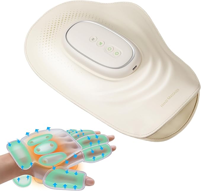Electric Hand & Wrist Massager with Heat and Compression for Tired & Stiff Hands, 3 Massage Modes & Intensities, 3000mAh Rechargeable Cordless, 10-Min Timer for Home Relaxation (White)
