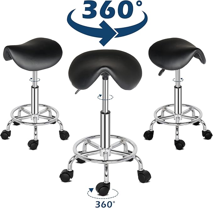 Round Rolling Bar Stool PU Leather with Wheels and Foot Rest, Height Adjustable Task Work Chair for Salon Spa Office Chairs