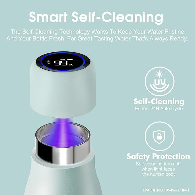 VSITOO 14.8oz Mini Smart Self-Cleaning Water Bottle，Small Insulated Stainless Steel Thermoses with AI Self-Clean, 30-Day Battery & Magnetic Charging for Travel, Gym, Office or Purse, Blue
