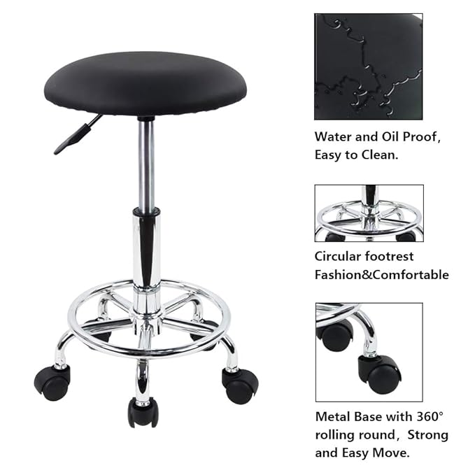 KKTONER Swivel Rolling Stool with Footrest Height Adjustable PU Leather Salon Vanity Spa Massage Office Stool Chair Small (Black)