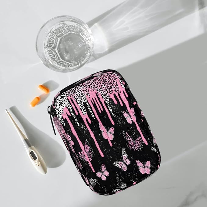 Pink Butterfly Art Pill Case Travel Pill Organizer Weekly 7 Day Portable with Zipper Medicine Box Pill Case for Vitamins, Birth Control,Fish Oils,Medication, Supplements