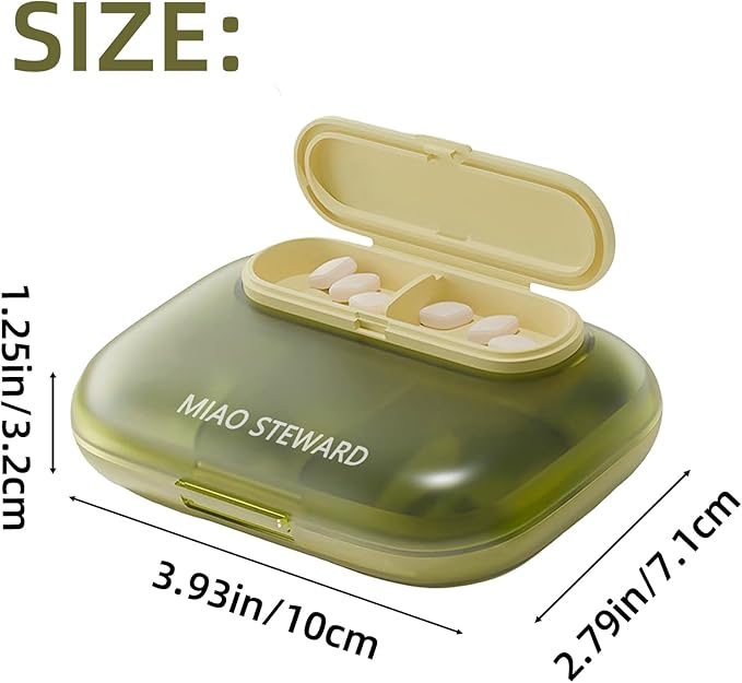 Portable 6-Grid Pill Organizer Waterproof Magnetic Small Lightweight BPA-Free Daily Outing Vitamin Supplement Herb Storage Box for On-The-Go Medication Green