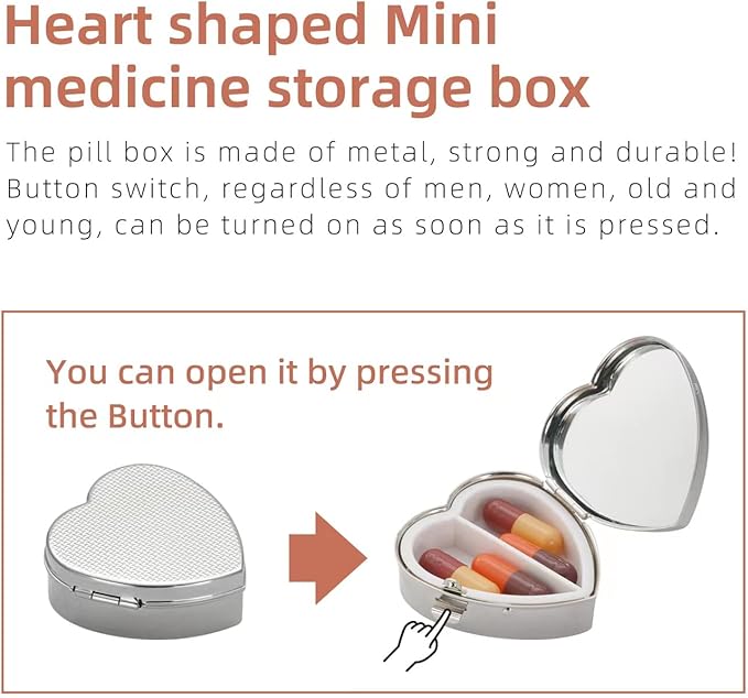 Heart-Shaped Mini Drug Storage Box (2 Pack), Elegant and Stylish Everyday Portable Pill Case (Silver & Rose Gold)