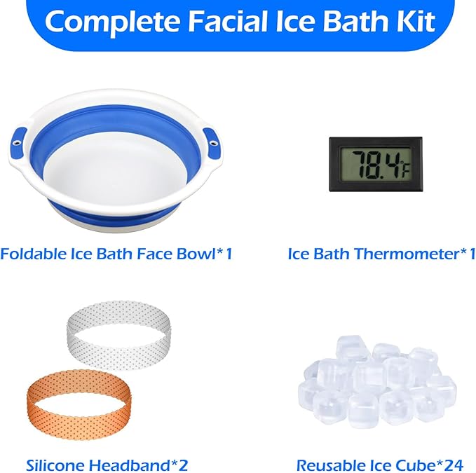 Facial Ice Bath Kit - Foldable Ice Bowl with Reusable Cubes for Cold Plunge (Blue)