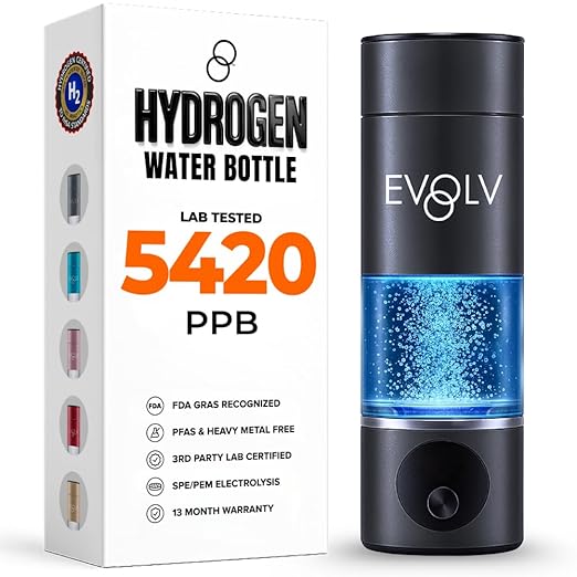 EVOLV Hydrogen Water Bottle Generator - SPE & PEM Water Ionizer 5PPM, Highest Concentrated Dose - 8oz Hydrogenated Water Bottle for Improved Energy & Inflammation Support - Convenient & Easy to Use