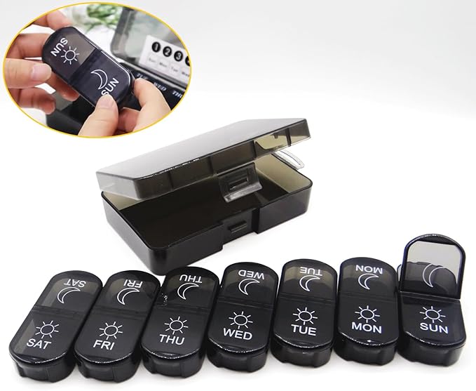 Small Pill Case, Cute Medicine Box, Travel Daily Pill Organizer Planner, 7-Day 14 Tray Portable Vitamin Container Dispenser for Purse Pocket, Capsule Holder for Fish Oils, Supplements, Black