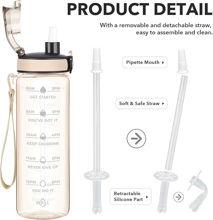 Enerbone Water Bottle, Leakproof BPA & Toxic Free, Motivational Water Bottle with Times to Drink and Straw, Fitness Sports Water Bottle with Strap for Office, Gym, Outdoor Sports