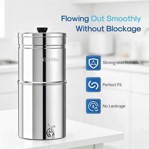 ICEPURE 2.25G Gravity-fed Water Filter System, 304 Stainless Steel Countertop System with Metal Faucet, 2 Black Carbon Filters, Reduce 99% Chlorine, Lead for Home, Camping, Travel, Emergencies