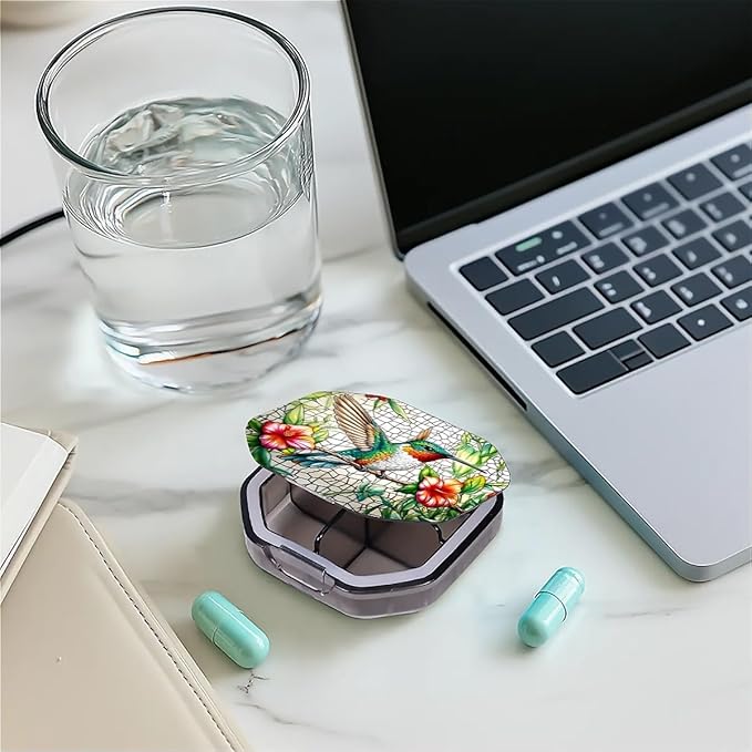 This Portable Flower Hummingbird Pattern 4 Compartment Pill Box Can Be Placed in A Pocket Or Wallet to Store Vitamins, Medicines Health Supplements Other Medications.