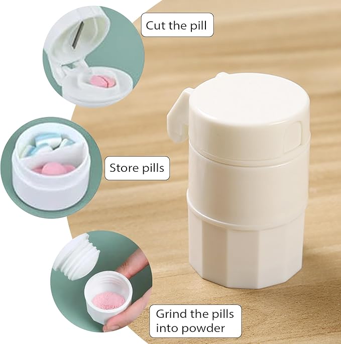 INVODA 3-in-1 Pill Crusher & Cutter with Built-in Storage – Compact Pill Organizer for Vitamins, Tablets & Medications – Durable Stainless-Steel Blade, BPA-Free, Travel-Friendly Design