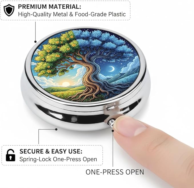 Tree of Life Pill Box 3 Compartment Small Pill Case,Portable for Pocket or Purse Pill Organizer Pill Container Holder with Mirror to Hold Vitamins, Medication, Fish Oil and Supplements