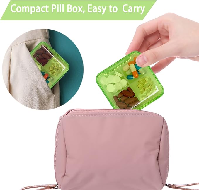 Pill Case for Pocket Travel Pill Organizer Small Pill Box Portable 4 Compartments Removable Medicine Organizer for Vitamin Fish Oil (Grass Green)