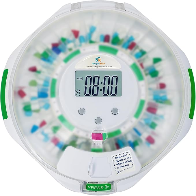 28-Day Automatic Pill Dispenser with Sound & Light Alerts for Elderly, up to 6 Alarms/Day, 6 Dosage Templates, Locked Frosted Lid Medication Dispenser for Protecting Pills Privacy
