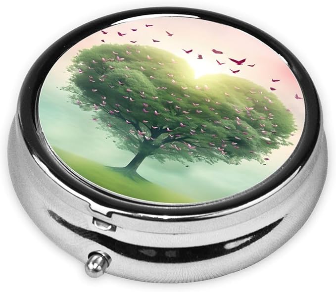Heart Shaped Tree Butterfly Birds Pill Box 3 Compartment Pill Case, Portable Medicine Pill Organizer for Pocket Purse Pill Box Decorative Metal Medicine Vitamin Organizer