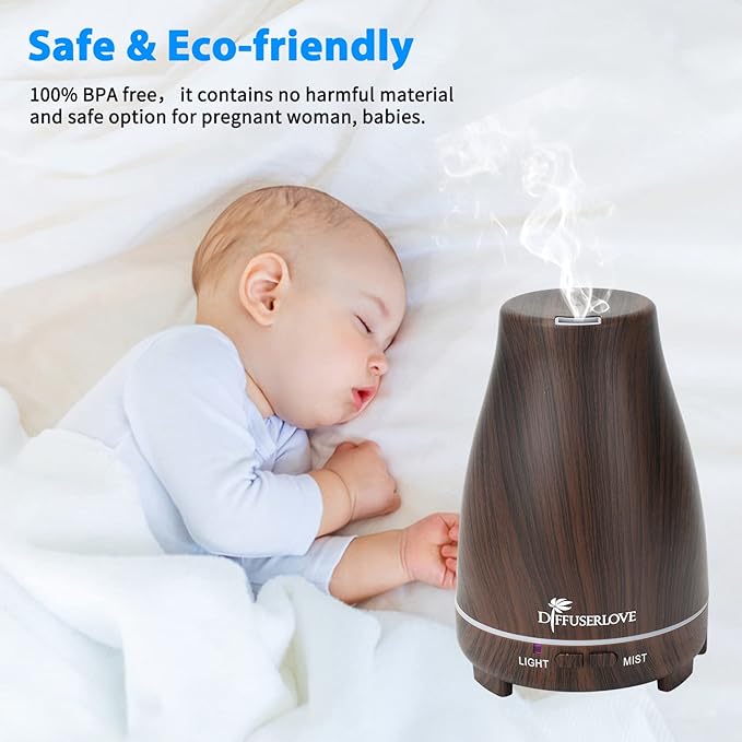 Diffuserlove Essential Oil Diffusers 200ML, Remote Control Aromatherapy Diffuser with 7 Color Lights, Auto Shut-Off for Bedroom Office Kitchen (Black Wood Grain)