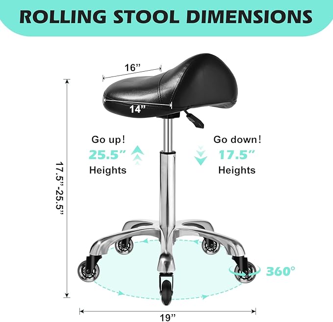 Saddle Stool Chair with Wheels, Ergonomic Thicker Saddle Seat Design for Healthy Sitting Posture, PU Leather, Rolling Saddle Stool with Silent Rubber Wheels Adjustable for Salon Massage Home, Black