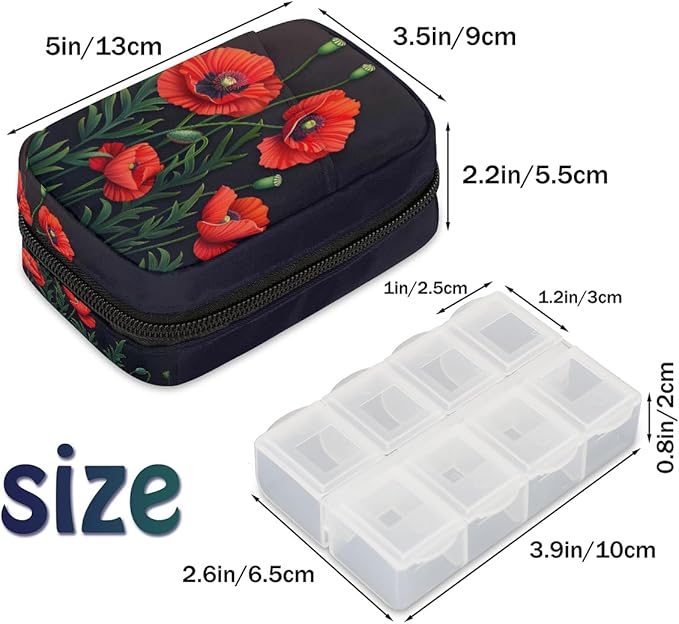 Weekly Travel Pill Organizer Case for Purse with Removable 7 Day Box Portable Compact Size Pill Box Fashionable Pill Container for Medicine Vitamin Supplement Flower Floral Poppy