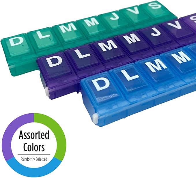 EZY DOSE Weekly (7-Day) Pill Organizer, Vitamin and Medicine Box, Medium Locking Compartments, 4 Times a Day, Colors May Vary, Spanish Imprints