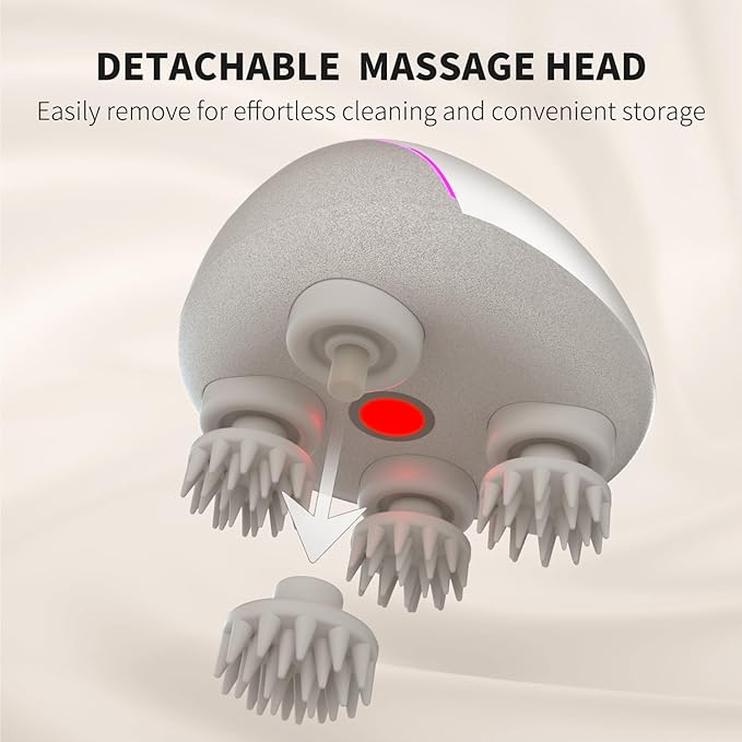 Breo Portable Mini Scalp Massager – IPX7 Waterproof Rechargeable Head Massager for Scalp Relax, Stress Relief Tool with Bamboo Wood Charging Base, Removable Massage Nodes (Silver with Base)