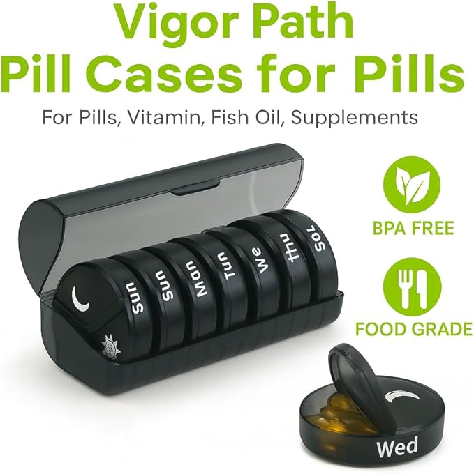 7-Day Pill Organizer with Two Compartments Per Day, Ideal for Pills/Vitamins/Fish Oil/Supplements Storage, BPA-Free and Easy to Clean (Black)