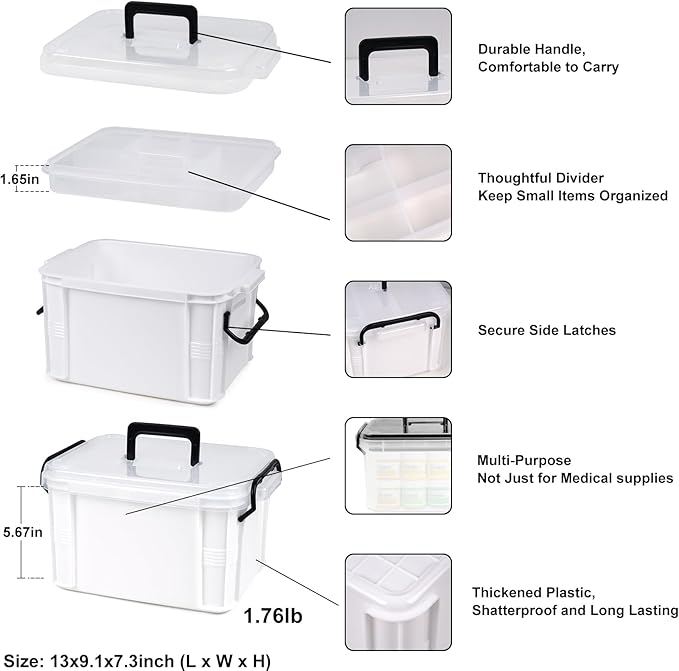 15qt White Medicine Organizer Storage Box with Tray, Plastic First Aid Box Empty, Thickened Medicine Container Chest, Multipurpose Medical Case with Labels, Medicine Caddy with Lids Handles